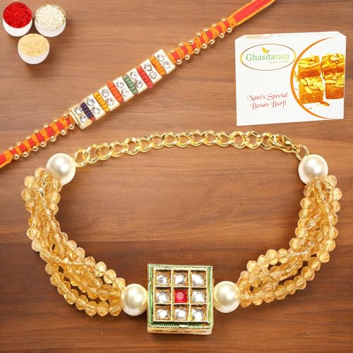 Ghasitaram Gifts Rakhis Online - Rakhi for Brother-T-19 Bhaiya Bhabhi Rakhi with 200 gms of Besan Barfi von Ghasitaram Gifts