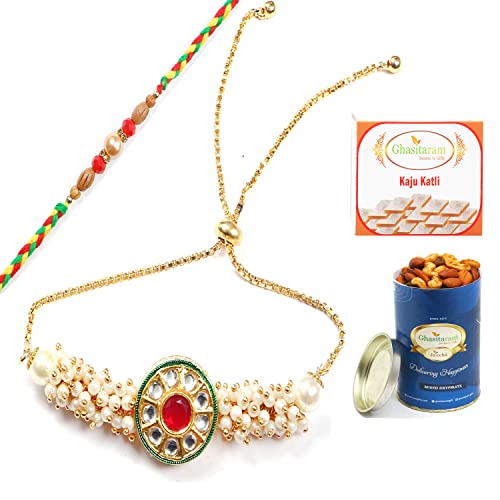 Ghasitaram Gifts Rakhis Online - Rakhi for Brother-T-24 Bhaiya Bhabhi Rakhi with 100 GMS of Dryfruits Mix Can 200 GMS of Kaju katli von Ghasitaram Gifts