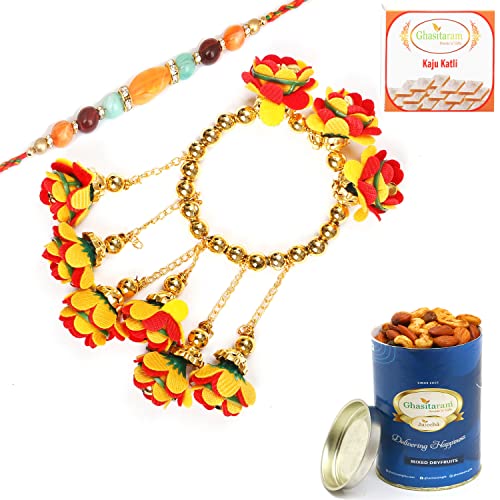 Ghasitaram Gifts Rakhis Online - Rakhi for Brother-TK-27 Bhaiya Bhabhi Rakhi with 100 gms of Dryfruits Mix Can 200 gms of Kaju katli von Ghasitaram Gifts