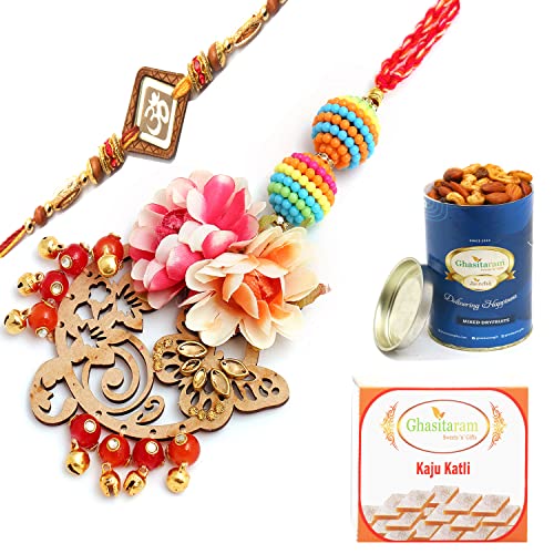 Ghasitaram Gifts Rakhis Online - Rakhi for Brother- The Charasmatic rm079Bhaiya Bhabhi rakhi with 100 gms of Dryfruits Mix Can 200 gms of Kaju katli von Ghasitaram Gifts