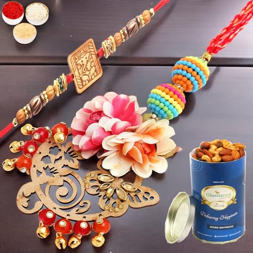 Ghasitaram Gifts Rakhis Online - Rakhi for Brother- The Charasmatic rm079Bhaiya Bhabhi rakhi with 100 gms of Dryfruits Mix Can von Ghasitaram Gifts