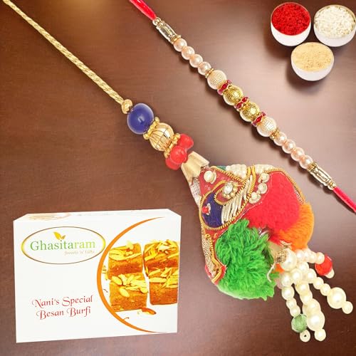 Ghasitaram Gifts Rakhis Online - Rakhi for Brother- The Classical dome Bhaiya Bhabhi Rakhi with 200 gms of Besan Barfi von Ghasitaram Gifts