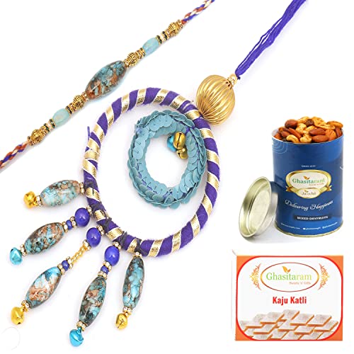 Ghasitaram Gifts Rakhis Online - Rakhi for Brother- The Ever Lasting Bond rm100 Bhaiya Bhabhi Rakhi with 100 gms of Dryfruits Mix Can 200 gms of Kaju katli von Ghasitaram Gifts