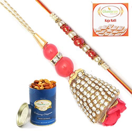 Ghasitaram Gifts Rakhis Online - Rakhi for Brother- The Glittering Chains Bhaiya Bhabhi Rakhi with 100 gms of Dryfruits Mix Can 200 gms of Kaju katli von Ghasitaram Gifts