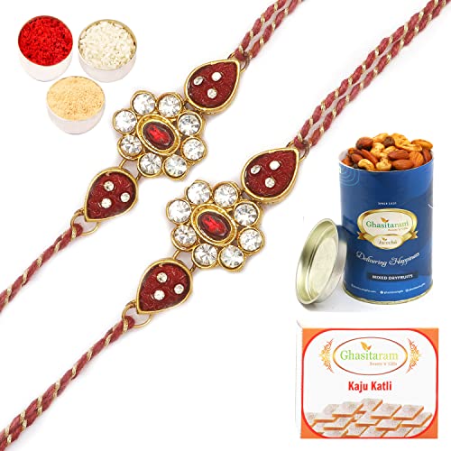 Ghasitaram Gifts Rakhis Online - Set of two J-31062 Rose Flower Jewel Rakhiwith 100 gms of Dryfruits Mix Can 200 gms of Kaju katli von Ghasitaram Gifts