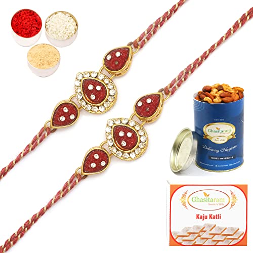 Ghasitaram Gifts Rakhis Online Set of two J-33063 Leaf Rose Jewel Rakhiwith 100 gms of Dryfruits Mix Can 200 gms of Kaju katli von Ghasitaram Gifts