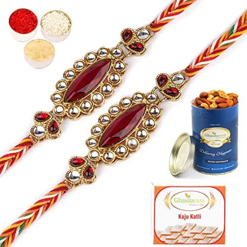 Ghasitaram Gifts Rakhis Online Set of two J-3756 Big Oval Jewel Rakhiwith 100 gms of Dryfruits Mix Can 200 gms of Kaju katli von Ghasitaram Gifts