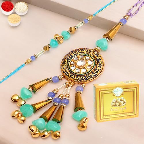 Ghasitaram Gifts Rakhis Online- The Last Mundra rm106 Bhaiya Bhabhi Rakhi with 400 gms of Soan Papdi von Ghasitaram Gifts