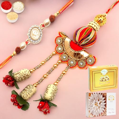 Ghasitaram Gifts Rakhis Online- We are one rm088 Bhaiya Bhabhi Rakhi with 200 gms of Kaju katli and 200 gms of Soan Papdi von Ghasitaram Gifts