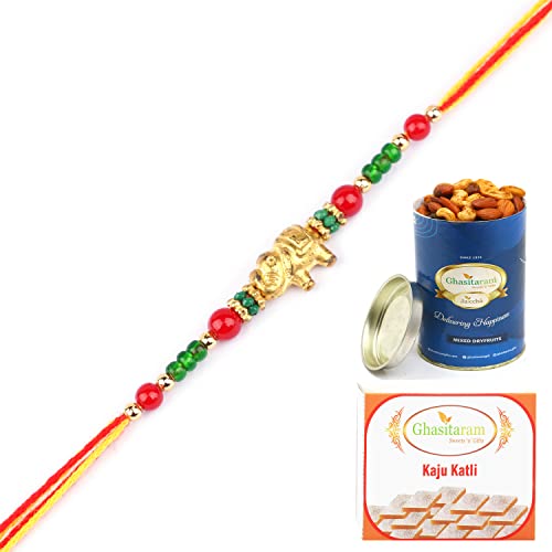 Ghasitaram Gifts Rakhis Online for Brother- 6043 Rakhi Thread with 100 gms of Dryfruits Mix Can 200 gms of Kaju katli von Ghasitaram Gifts