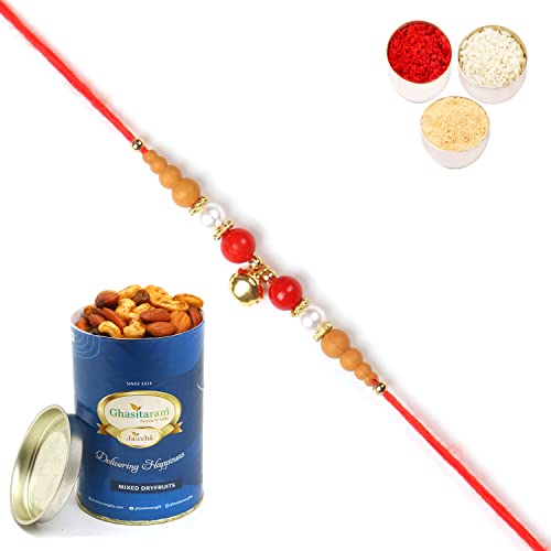 Ghasitaram Gifts Rakhis Online for Brother- 6190 Rakhi Thread with 100 GMS of Dryfruits Mix Can von Ghasitaram Gifts