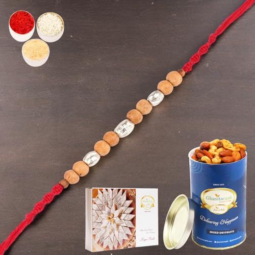 Ghasitaram Gifts Rakhis Online for Brother- Rs-107 Rakhi Thread with 100 gms of Dryfruits Mix Can 200 gms of Kaju katli von Ghasitaram Gifts