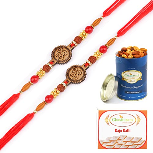 Ghasitaram Gifts Rakhis Online for Brother- Set of 2-2035 Rakhi Thread with 100 gms of Dryfruits Mix Can 200 gms of Kaju katli von Ghasitaram Gifts