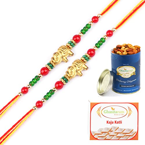 Ghasitaram Gifts Rakhis Online for Brother- -Set of 2-6043 Rakhi Thread with 100 gms of Dryfruits Mix Can 200 gms of Kaju katli von Ghasitaram Gifts