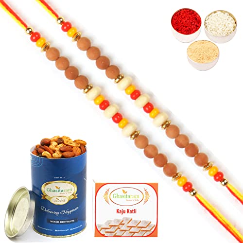 Ghasitaram Gifts Rakhis Online for Brother- Set of 2-6082 Rakhi Thread with 100 gms of Dryfruits Mix Can 200 gms of Kaju katli von Ghasitaram Gifts