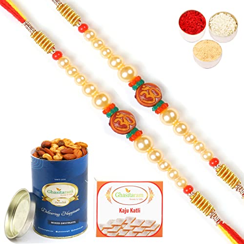 Ghasitaram Gifts Rakhis Online for Brother- Set of 2-6135 Rakhi Thread with 100 GMS of Dryfruits Mix Can 200 GMS of Kaju katli von Ghasitaram Gifts