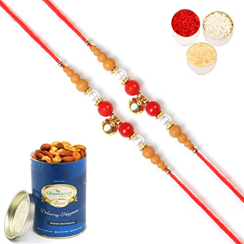 Ghasitaram Gifts Rakhis Online for Brother- Set of 2-6190 Rakhi Thread with 100 gms of Dryfruits Mix Can von Ghasitaram Gifts