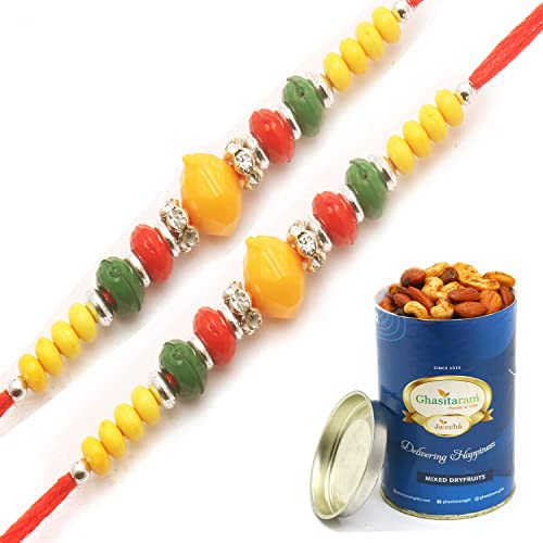 Ghasitaram Gifts Rakhis Online for Brother- Set of 2-6272 Rakhi Thread with 100 gms of Dryfruits Mix Can von Ghasitaram Gifts