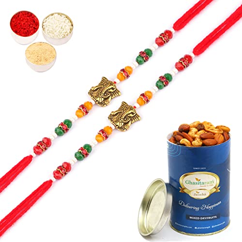 Ghasitaram Gifts Rakhis Online for Brother- Set of 2-6971 Rakhi Thread with 100 gms of Dryfruits Mix Can von Ghasitaram Gifts