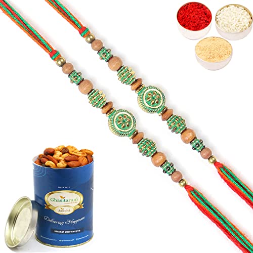 Ghasitaram Gifts Rakhis Online for Brother- Set of 2 - L-1 Rakhi Thread with 100 gms of Dryfruits Mix Can von Ghasitaram Gifts