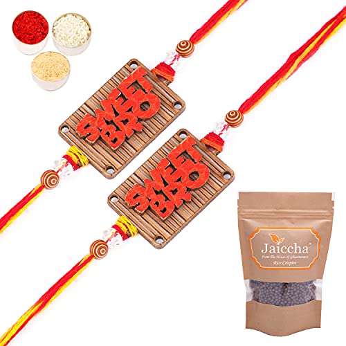 Ghasitaram Gifts Rakhis for Brother Kids Rakhi - Set of 2 - BW-5710 Wooden Sweet Bro Rakhi with Chocolate Coated Rice Crispies 200 gms von Ghasitaram Gifts