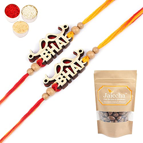 Ghasitaram Gifts Rakhis for Brother Kids Rakhi - Set of 2 - BW-5716 Wooden Handsome Bhai Rakhi with Chocolate Coated Almonds 200 gms von Ghasitaram Gifts