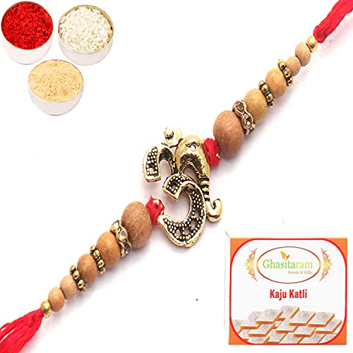 Rakhi for Brother Rakhis Online- Om Ganesha Bonded with Beads of Love Rakhi with 400 GMS of Kaju katli von Ghasitaram Gifts