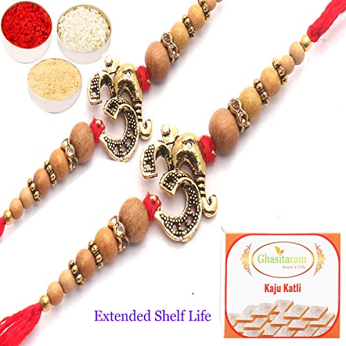 Rakhi for Brother Rakhis Online- Set of 2 Om Ganesha Bonded with Beads of Love Rakhi with 400 GMS of Kaju katli von Ghasitaram Gifts