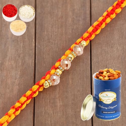 Rakhis Online- The Glittering Thread rm584 Bracelet Rakhi with 100 gms of Dryfruits Mix Can von Ghasitaram Gifts