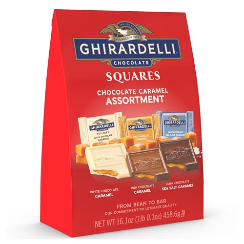 GHIRARDELLI Quadratisches Schokoladenkaramell-Sortiment (weiß, Milch, Meersalz dunkel), 458 g von Ghirardelli