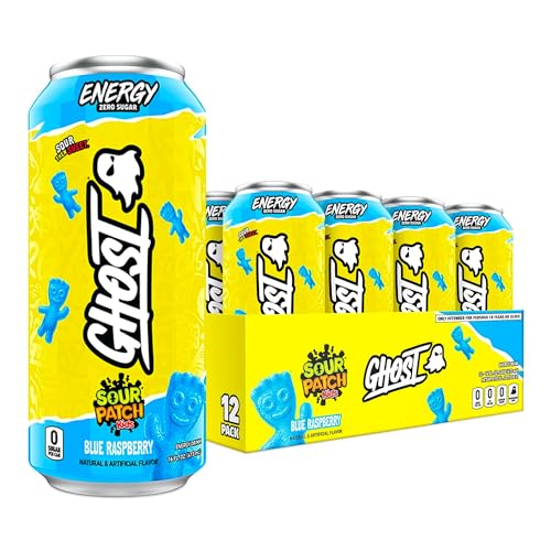 GHOST Energy Drink Sour Patch Kids Blue Raspberry, 473.6 g – Energie & Fokus & keine künstlichen Farben – 200 mg natürliches Koffein, L-Carnitin und Taurin – glutenfrei und vegan, 12 Stück von Ghost