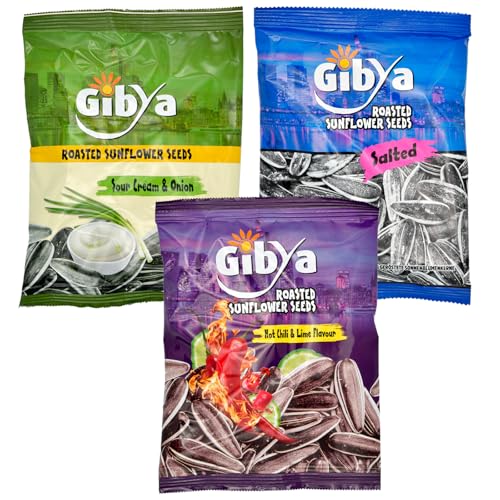 GibYa Sonnenblumenkerne mit Geschmack, 3x 100g Hot Chili and Lime, Sour Cream and Onion, Salted von Gibya