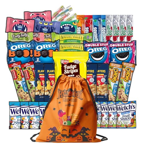 Halloween-Pflegepaket Snack-Tasche (42) Süßigkeitensnacks Sortiment Süßigkeiten-Snacks Süßes oder Saures Kekse Lebensmittel Bars Vielfalt Geschenkpackung Box Bundle Gemischte Bulk Sampler für Kinder von Giftinbag