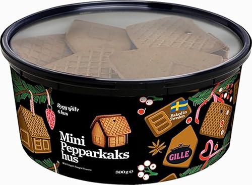 Gille Mini Pfefferkuchenhaus, traditionelle Winterspezialität, Mini Pepparkakshus, Teile für 6 Mini-Lebkuchen-Häuser - 300g Dose von Gille