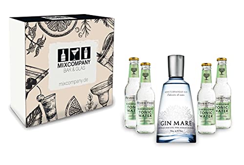 Gin Tonic Giftbox Geschenkset - Gin Mare 0,7l 700ml (42,7% Vol) + 4x Fever Tree Elderflower Tonic Water 200ml inkl. Pfand MEHRWEG + Geschenkverpackung von Gin Mare-Gin Mare