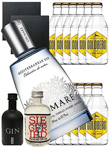 Gin-Set Gin Mare aus Spanien 0,7 Liter + Black Gin Gansloser Deutschland 5cl + Siegfried Dry Gin Deutschland 4cl + 12 x Goldberg Tonic Water 0,2 Liter + 2 Schieferuntersetzer quadratisch 9,5 cm von Gin Mare