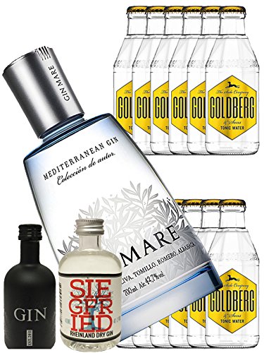 Gin-Set Gin Mare aus Spanien 0,7 Liter + Black Gin Gansloser Deutschland 5cl + Siegfried Dry Gin Deutschland 4cl + 12 x Goldberg Tonic Water 0,2 Liter von Gin Mare