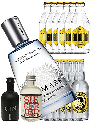 Gin-Set Gin Mare aus Spanien 0,7 Liter + Black Gin Gansloser Deutschland 5cl + Siegfried Dry Gin Deutschland 4cl + 6 x Thomas Henry Tonic Water 0,2 Liter, 6 x Goldberg Tonic Water 0,2 Liter von Gin Mare