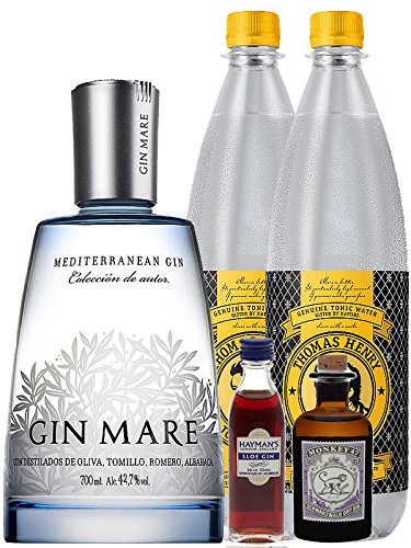 Gin-Set Gin Mare aus Spanien 0,7 Liter + Haymans Sloe Gin 5cl + Monkey 47 Schwarzwald Dry Gin 5 cl MINIATUR + 2 x Thomas Henry Tonic Water 1,0 Liter von Gin Mare