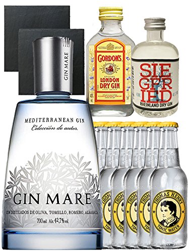 Gin-Set Gin Mare aus Spanien 0,7 Liter + Siegfried Dry Gin Deutschland 4cl + Gordons Dry Gin 5cl + 8 Thomas Henry Tonic Water 0,2 Liter + 2 Schieferuntersetzer quadratisch 9,5 cm von Gin Mare