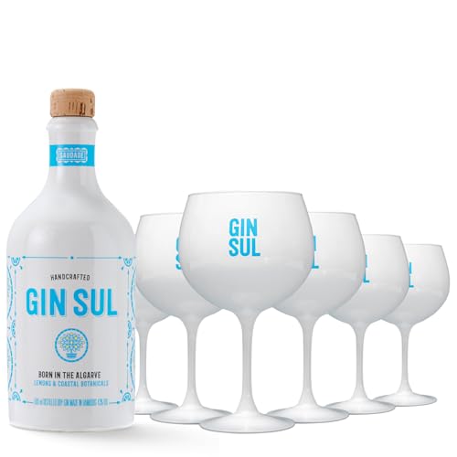 Gin Sul – 1 x 0,5l Hamburger handcrafted Premium Dry Gin 43% Vol. & 6er Set Gin Tonic Gläser, weiss, spülmaschinenfest, 620 ml - Das perfekte Gin Geschenk von Gin Sul