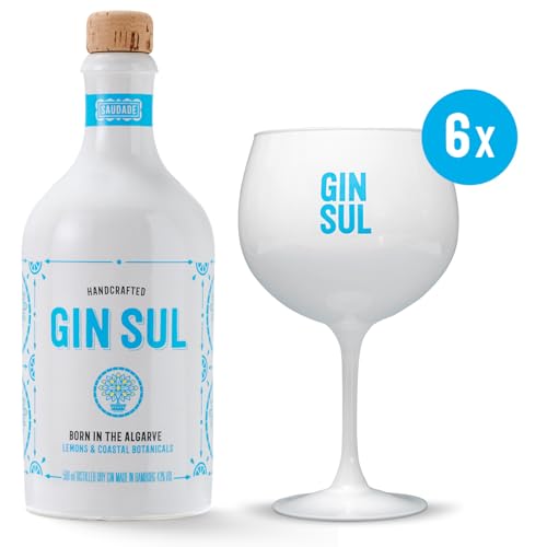 Gin Sul - 1 x 0,5l Hamburger handcrafted Premium Dry Gin 43% Vol. und 6er Set Gin Tonic Gläser, spülmaschinenfest, weiss, 620 ml - Das perfekte Gin Geschenk von Gin Sul