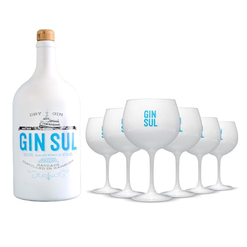 Gin Sul - 1 x 3l Doppelmagnum Hamburger handcrafted Premium Dry Gin 43% Vol. und 6er Set weisse Gin Tonic Gläser, spülmaschinenfest, 620 ml - Das perfekte Gin Geschenk von Gin Sul