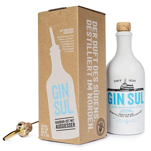 Gin Sul Hausbar-Set - 1 x 0,5l Hamburger handcrafted Premium Dry Gin 43% Vol. mit Metall-Ausgießer in Goldoptik als Geschenk, Aromen von Wacholder & Zitronen aus Portugal von Gin Sul