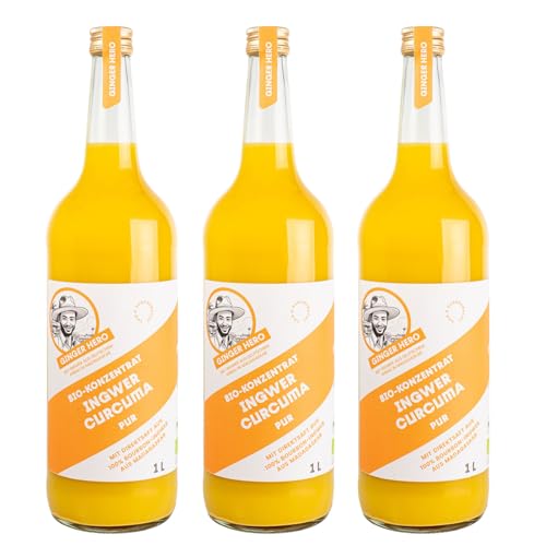 Ginger Hero BIO-Ingwer-Curcuma-Konzentrat-PUR mit 100% Direktsaft aus 100% BIO-Bourbon-Ingwer aus Madagaskar und BIO-Curcuma, ohne Zucker und künstliche Zusatzstoffe, 3x1000 ml von Ginger Hero