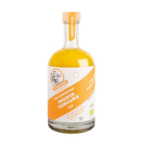 Ginger Hero BIO-Ingwer-Curcuma-Konzentrat-PUR mit 100% Direktsaft aus 100% BIO-Bourbon-Ingwer aus Madagaskar und BIO-Curcuma, ohne Zucker und künstliche Zusatzstoffe, 500 ml Premium-Flasche von Ginger Hero