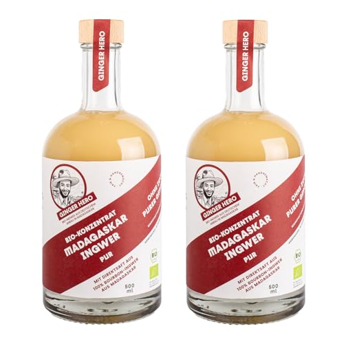 Ginger Hero BIO-Ingwer-Konzentrat-PUR mit 100% Direktsaft aus 100% BIO-Bourbon-Ingwer aus Madagaskar, ohne Zucker und künstliche Zusatzstoffe, 2x500ml Premium-Flasche von Ginger Hero