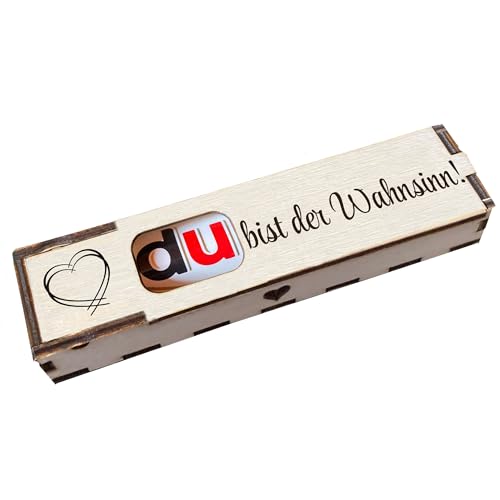 Du bist der Wahnsinn! - Holz Geschenkbox geschliffen mit Spruch Lasergravur inkl. Duplo Schokoriegel Schokolade Geschenkidee Handarbeit von Girahlutions