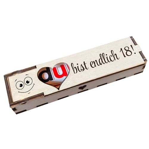 Du bist endlich 18! - Holz Geschenkbox geschliffen mit Spruch Lasergravur inkl. Duplo Schokoriegel Schokolade Geschenkidee Handarbeit von Girahlutions