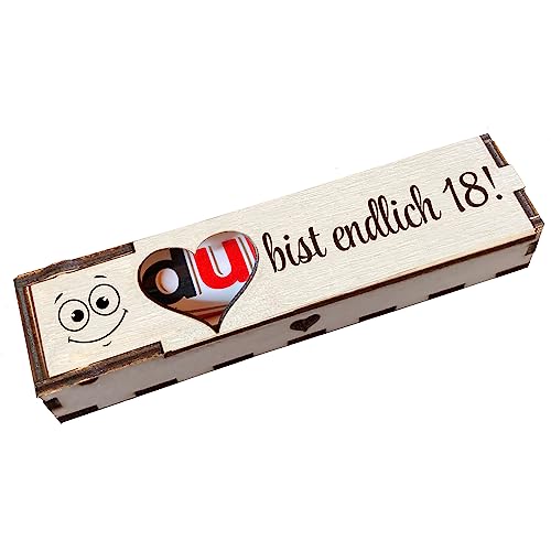 Duplo Holzbox Box mit Schokoriegel Geschenkbox mit Gravur Spruch "Du bist endlich 18!" Geschenkidee von Girahlutions